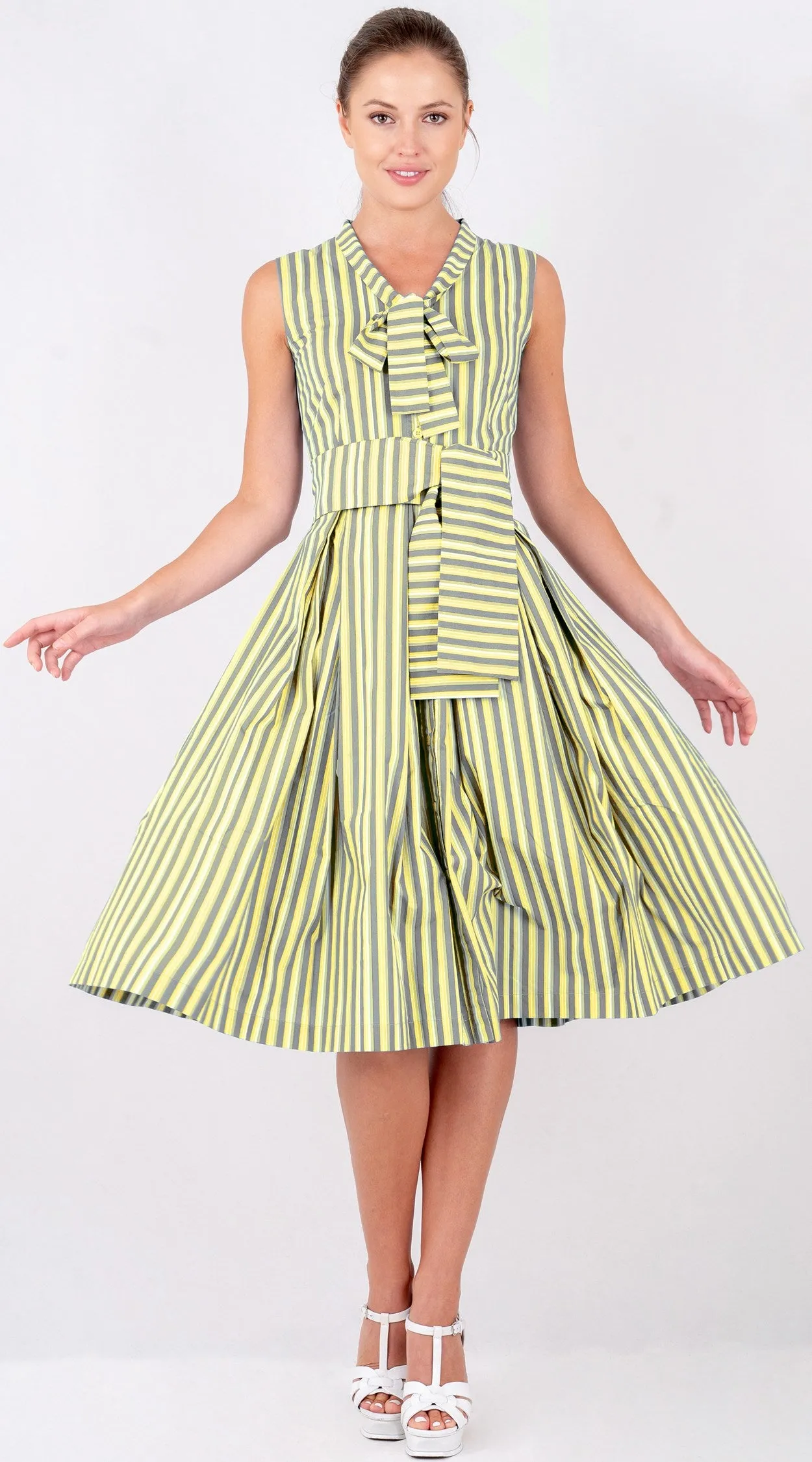 Audrey Dress #7 Tie Neck Sleeveless Long Length Poplin (Vintage Stripe)