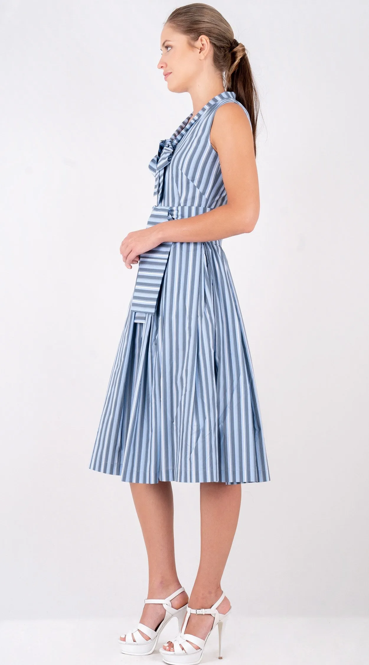 Audrey Dress #7 Tie Neck Sleeveless Long Length Poplin (Vintage Stripe)