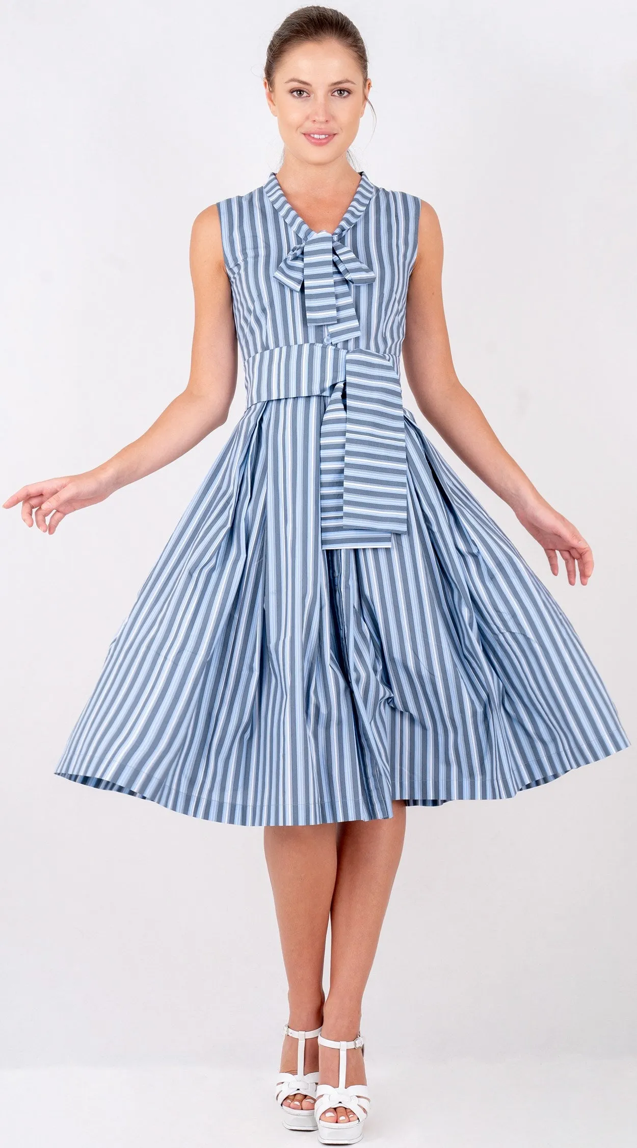 Audrey Dress #7 Tie Neck Sleeveless Long Length Poplin (Vintage Stripe)