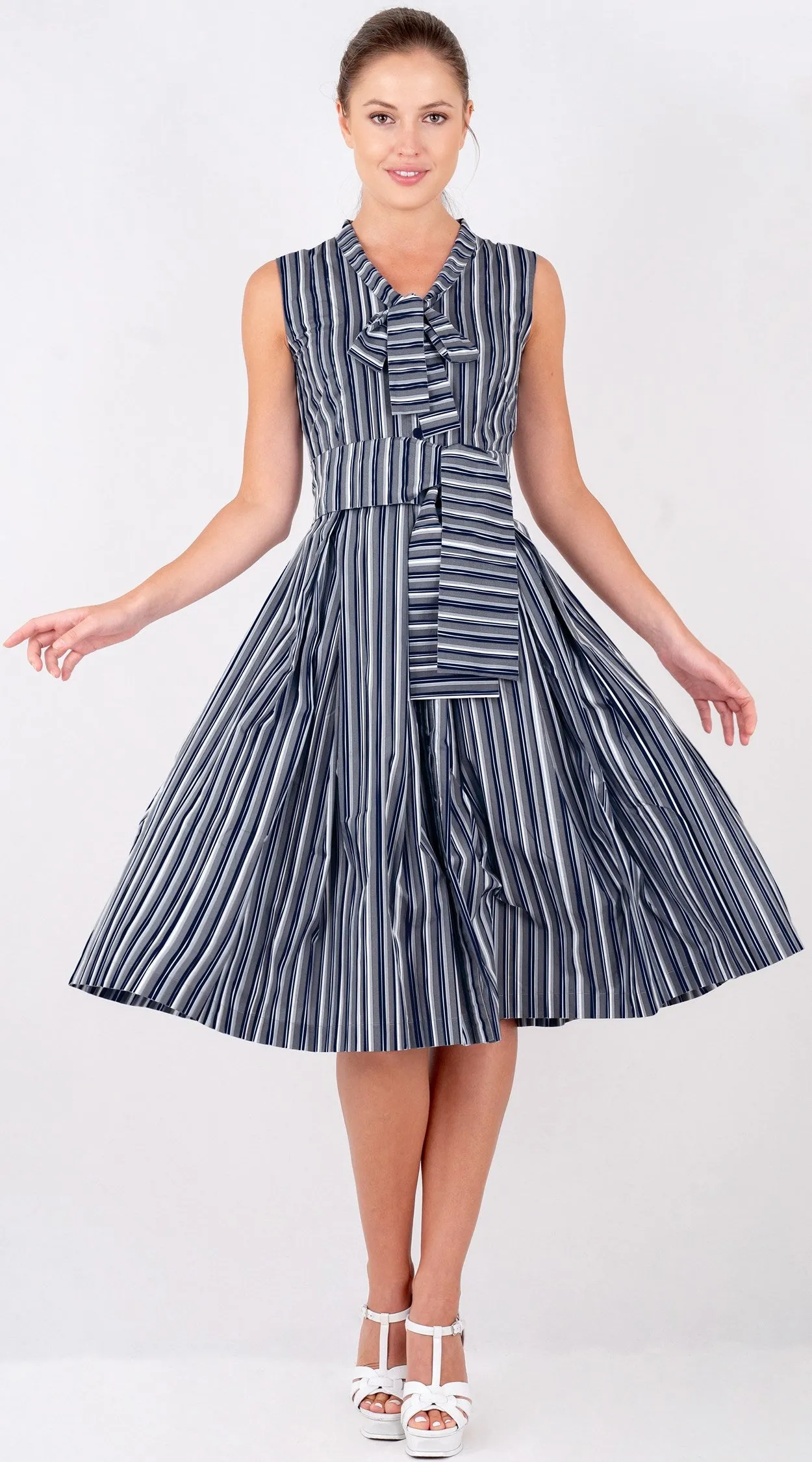 Audrey Dress #7 Tie Neck Sleeveless Long Length Poplin (Vintage Stripe)