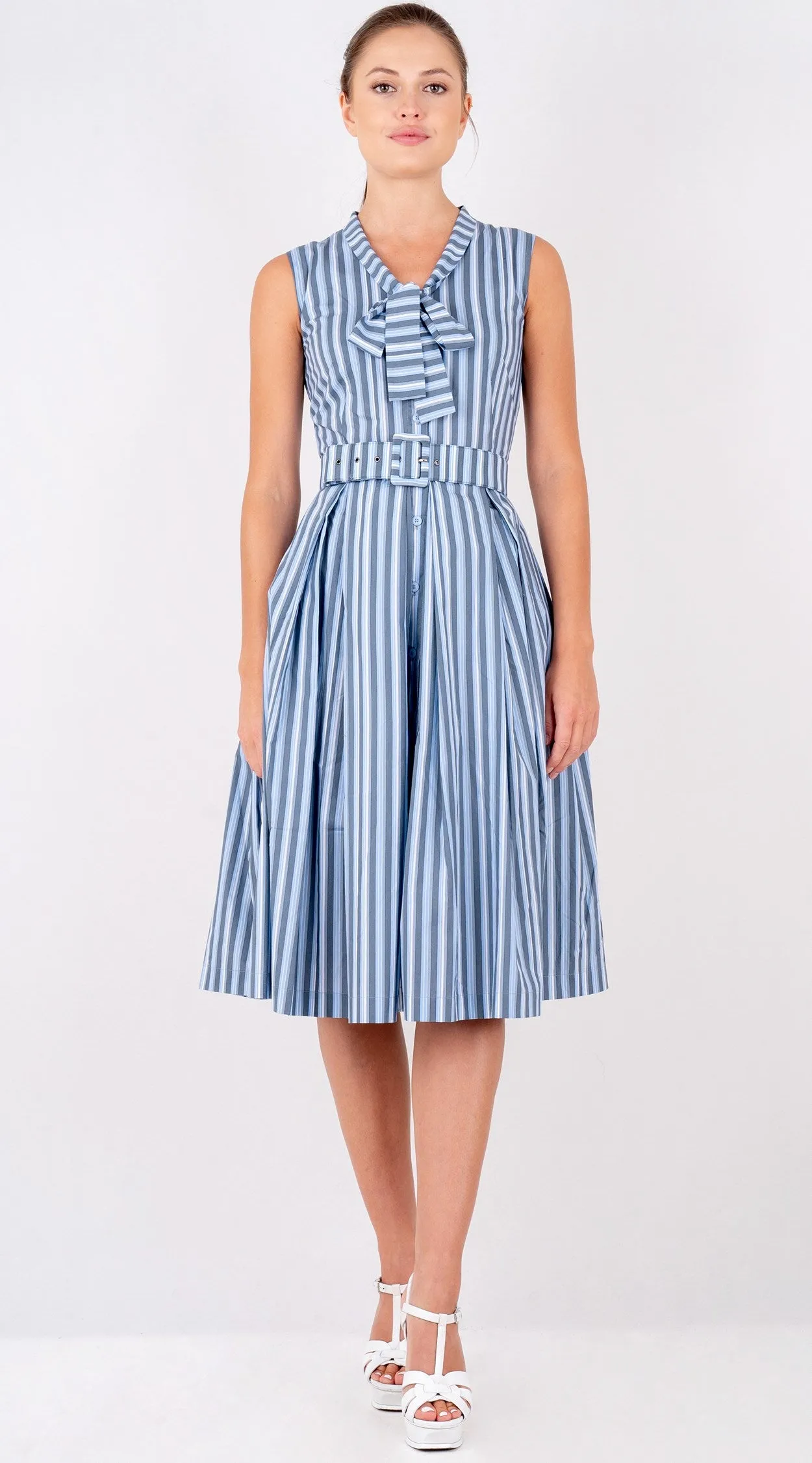 Audrey Dress #7 Tie Neck Sleeveless Long Length Poplin (Vintage Stripe)
