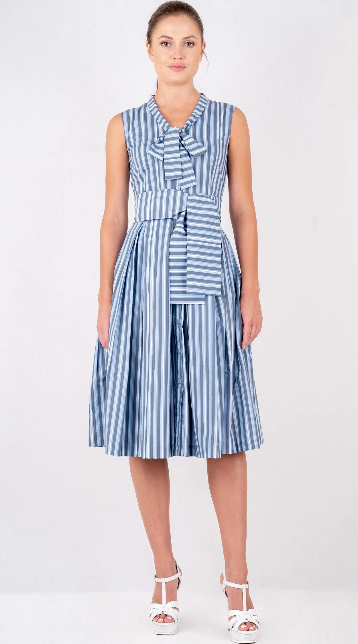 Audrey Dress #7 Tie Neck Sleeveless Long Length Poplin (Vintage Stripe)