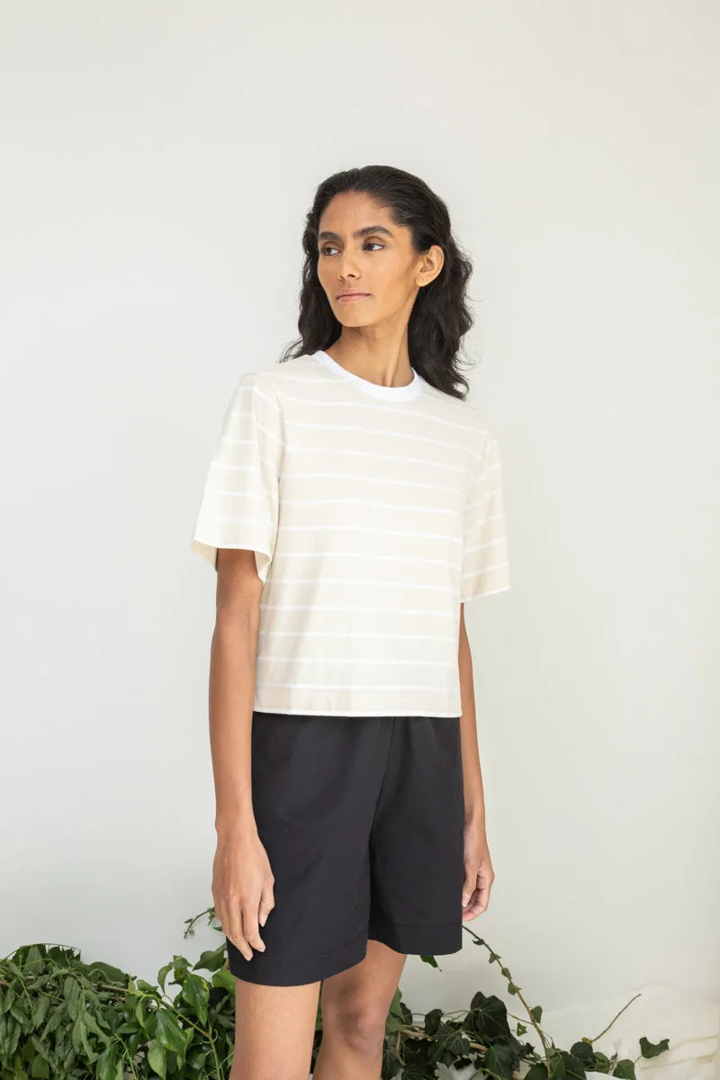 Bay-Sue Organic Cotton Top in Sand and White Thin Stripe