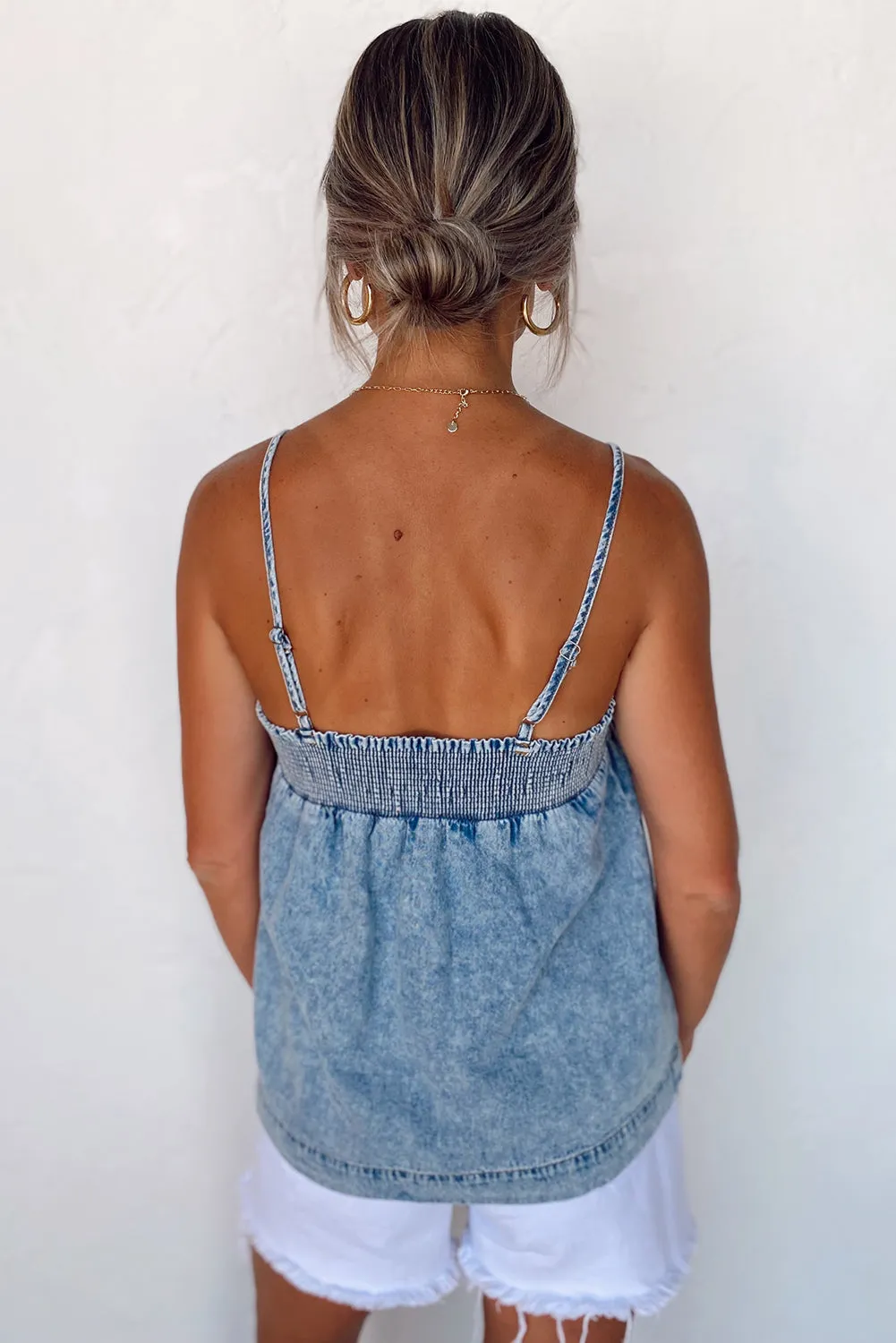 Beau Blue Acid Wash Spaghetti Strap Denim Babydoll Tank Top