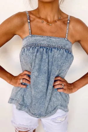 Beau Blue Acid Wash Spaghetti Strap Denim Babydoll Tank Top