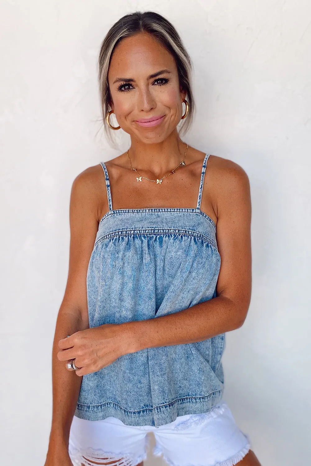 Beau Blue Acid Wash Spaghetti Strap Denim Babydoll Tank Top