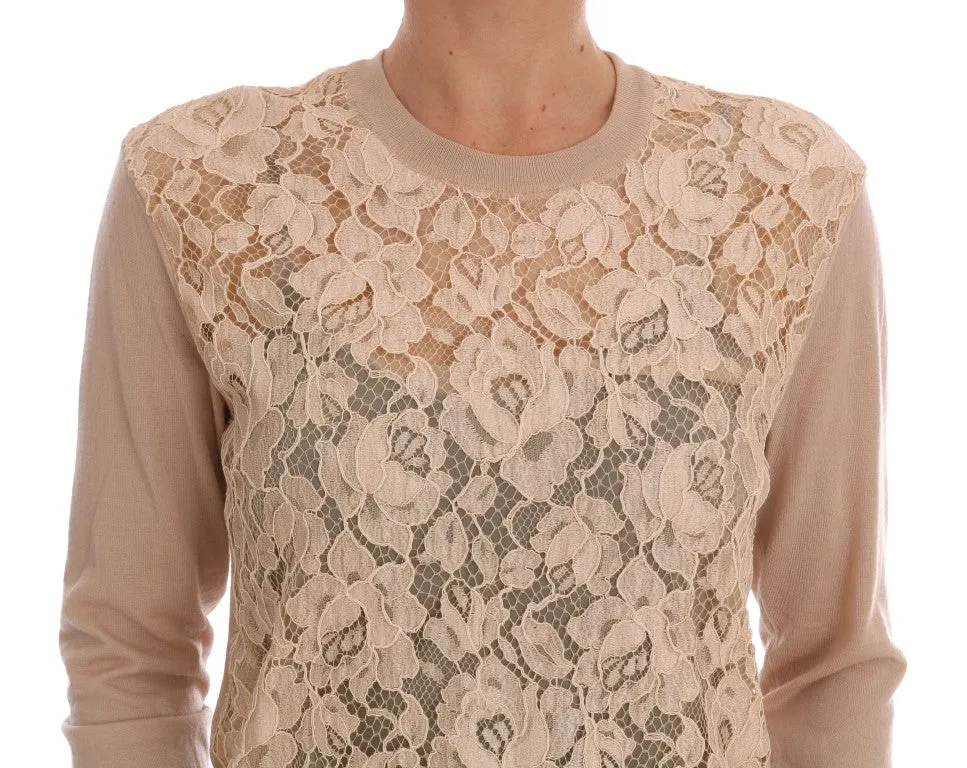 Beige Cashmere Lace Pullover Sweater