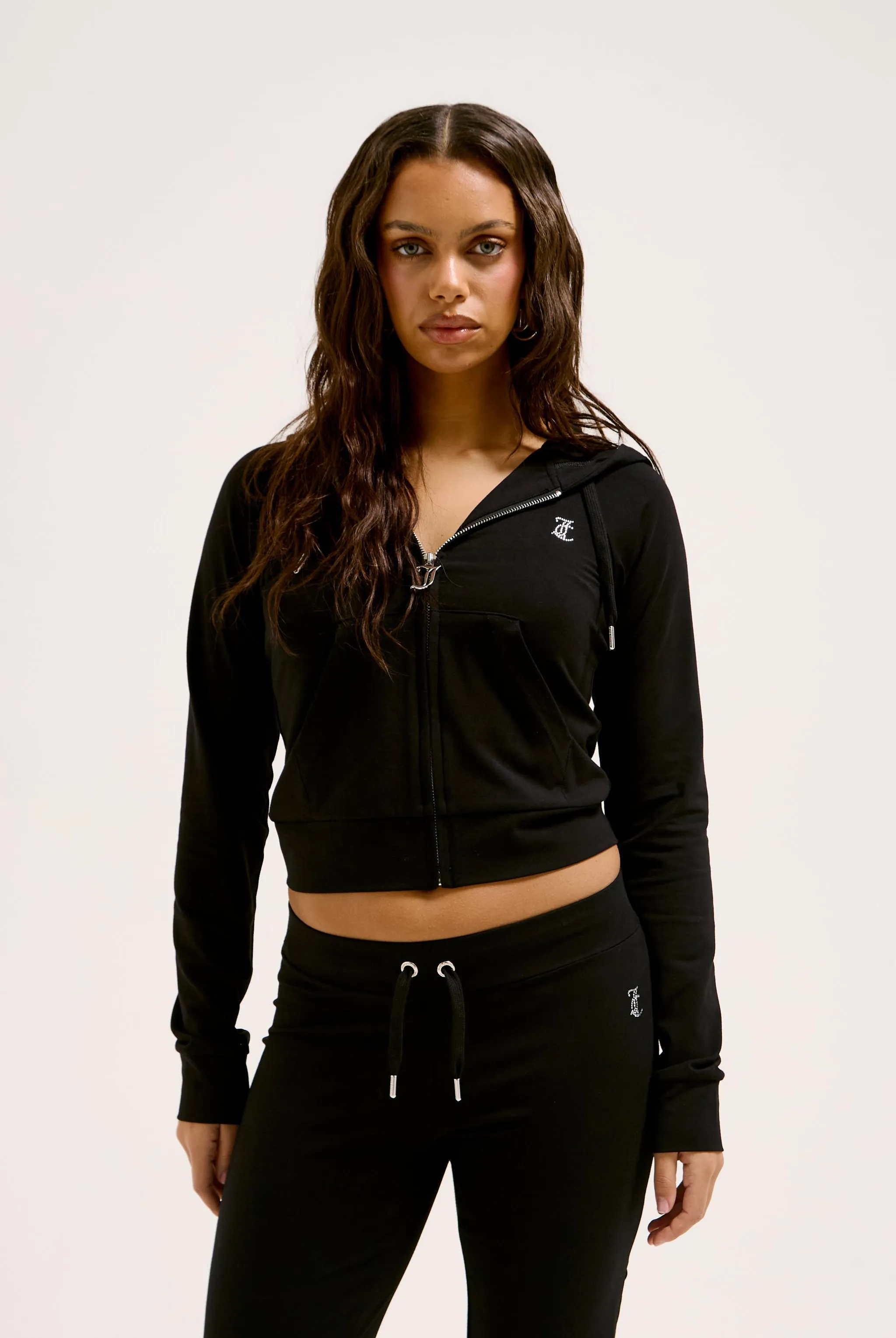 BLACK DIAMANTÉ LUXURY JERSEY ZIP-THROUGH HOODIE