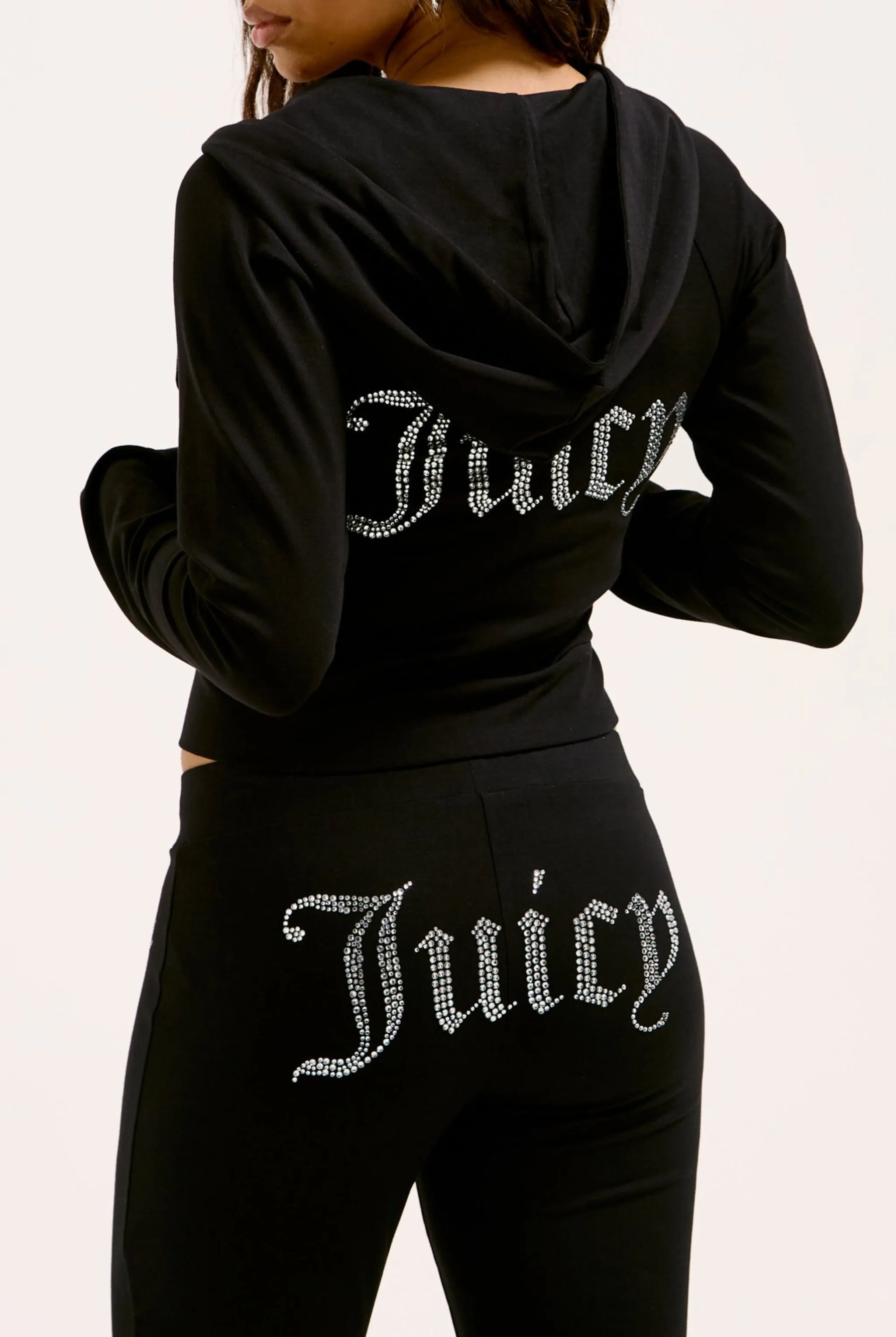 BLACK DIAMANTÉ LUXURY JERSEY ZIP-THROUGH HOODIE