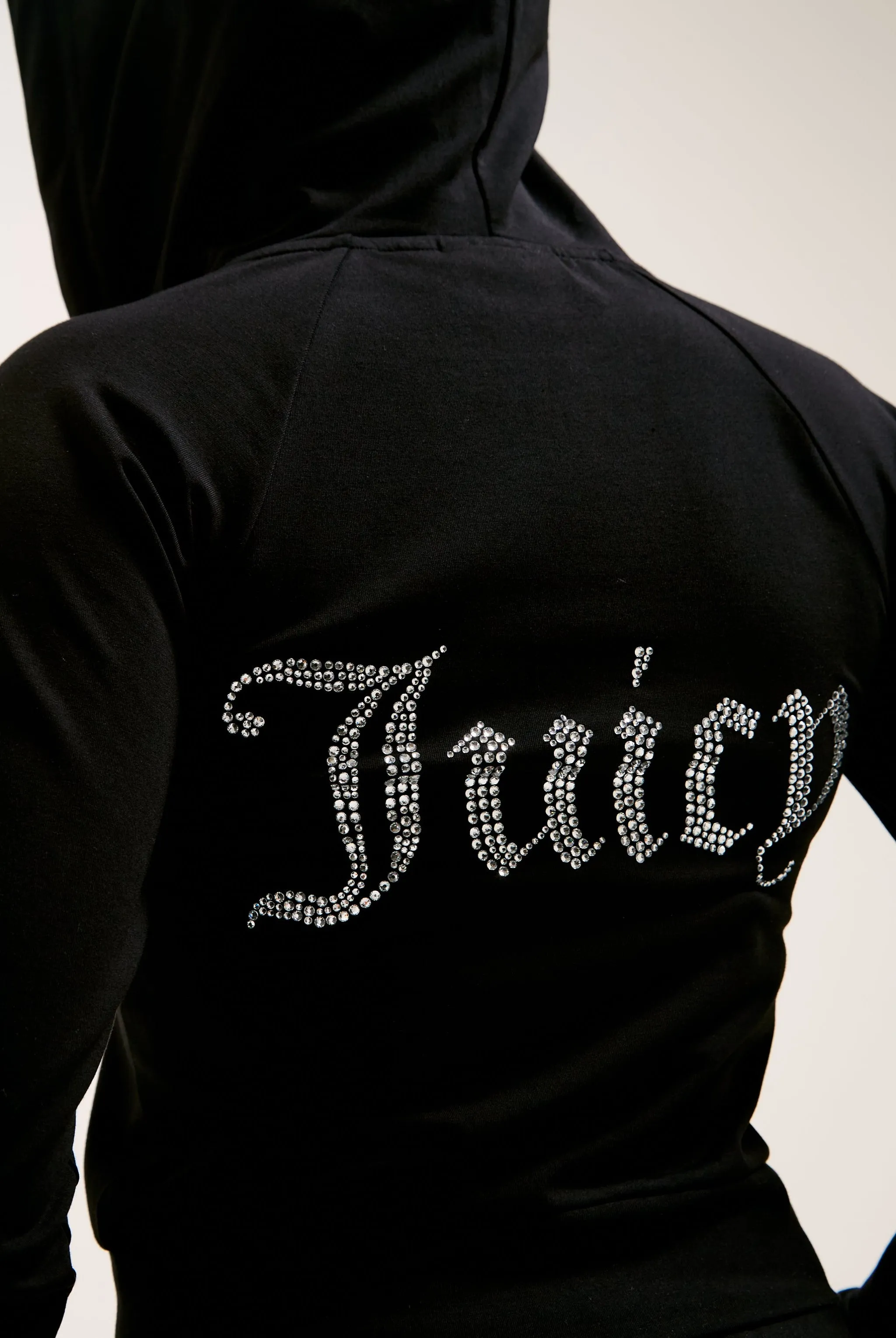BLACK DIAMANTÉ LUXURY JERSEY ZIP-THROUGH HOODIE