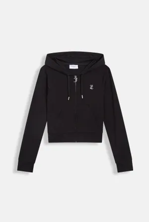 BLACK DIAMANTÉ LUXURY JERSEY ZIP-THROUGH HOODIE