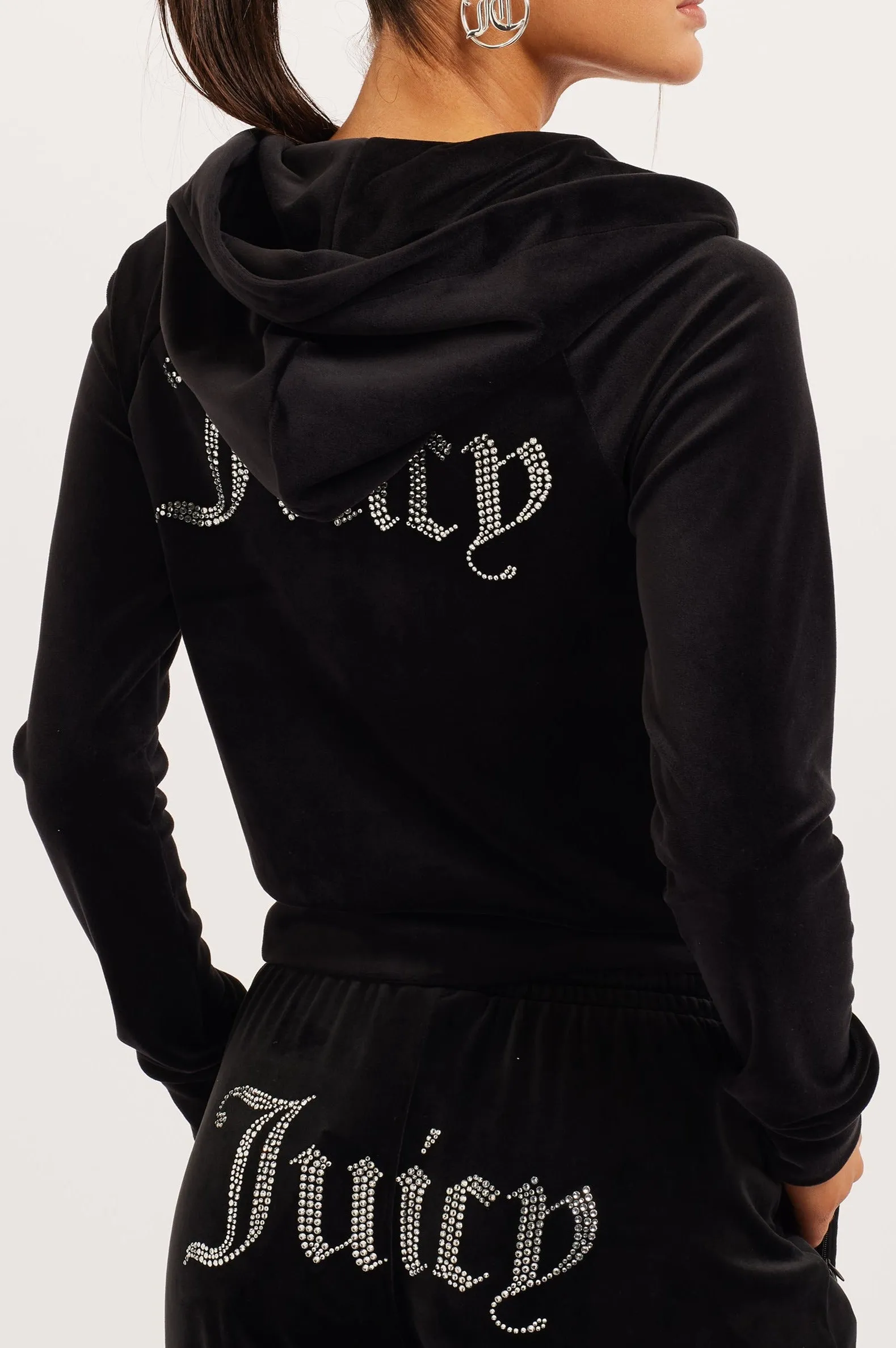 BLACK DIAMANTÉ VELOUR ZIP-THROUGH HOODIE
