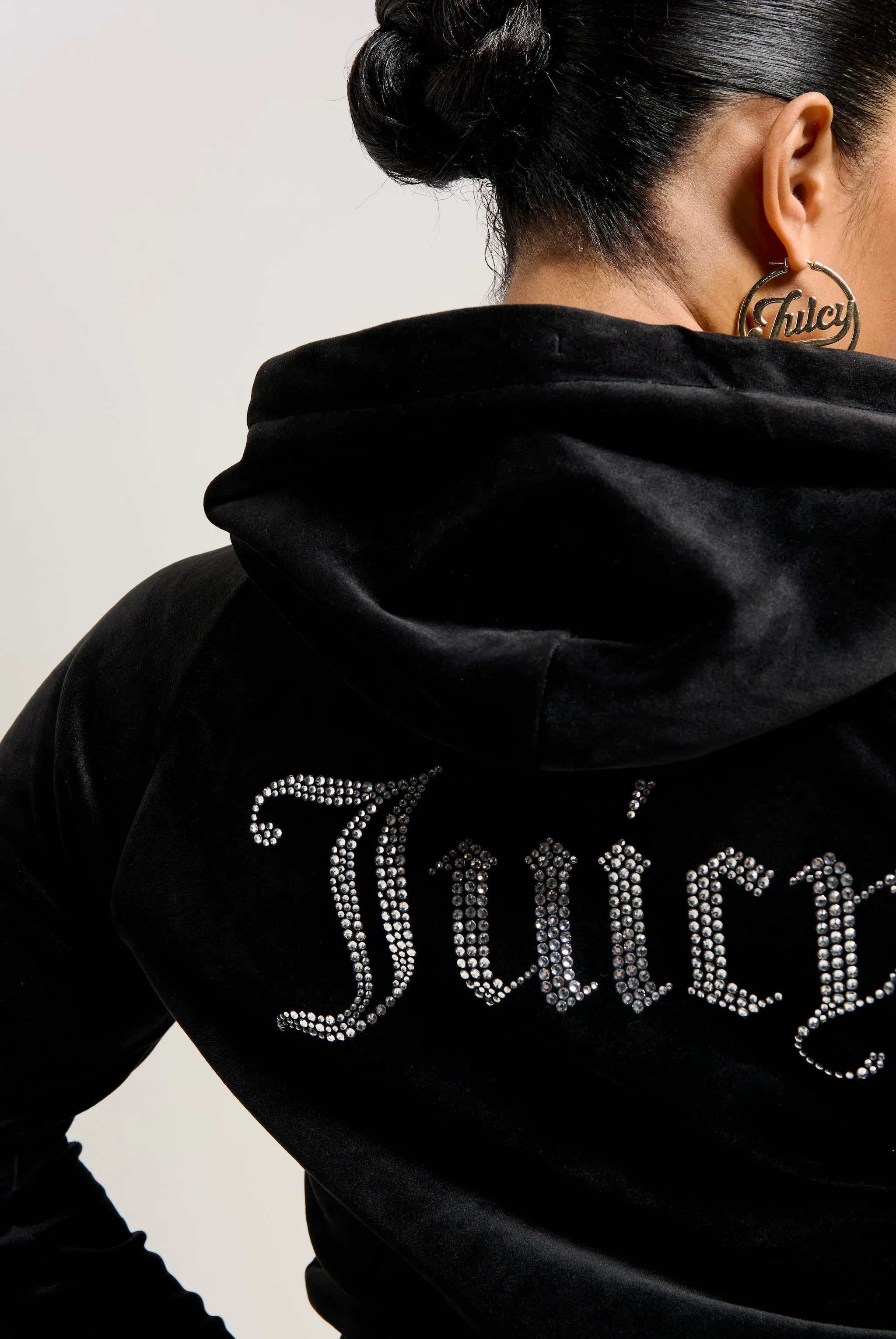 BLACK DIAMANTÉ VELOUR ZIP-THROUGH HOODIE