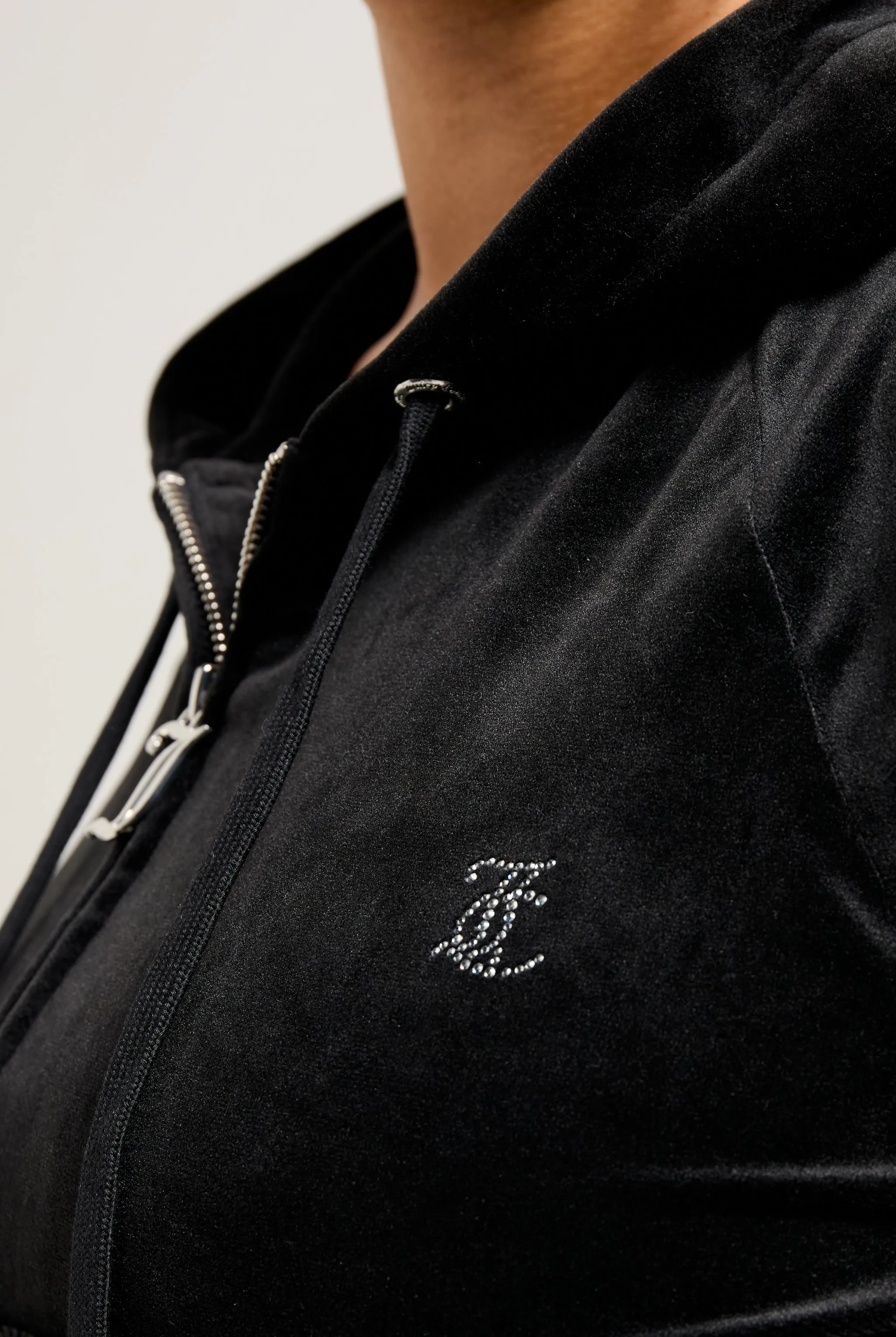 BLACK DIAMANTÉ VELOUR ZIP-THROUGH HOODIE