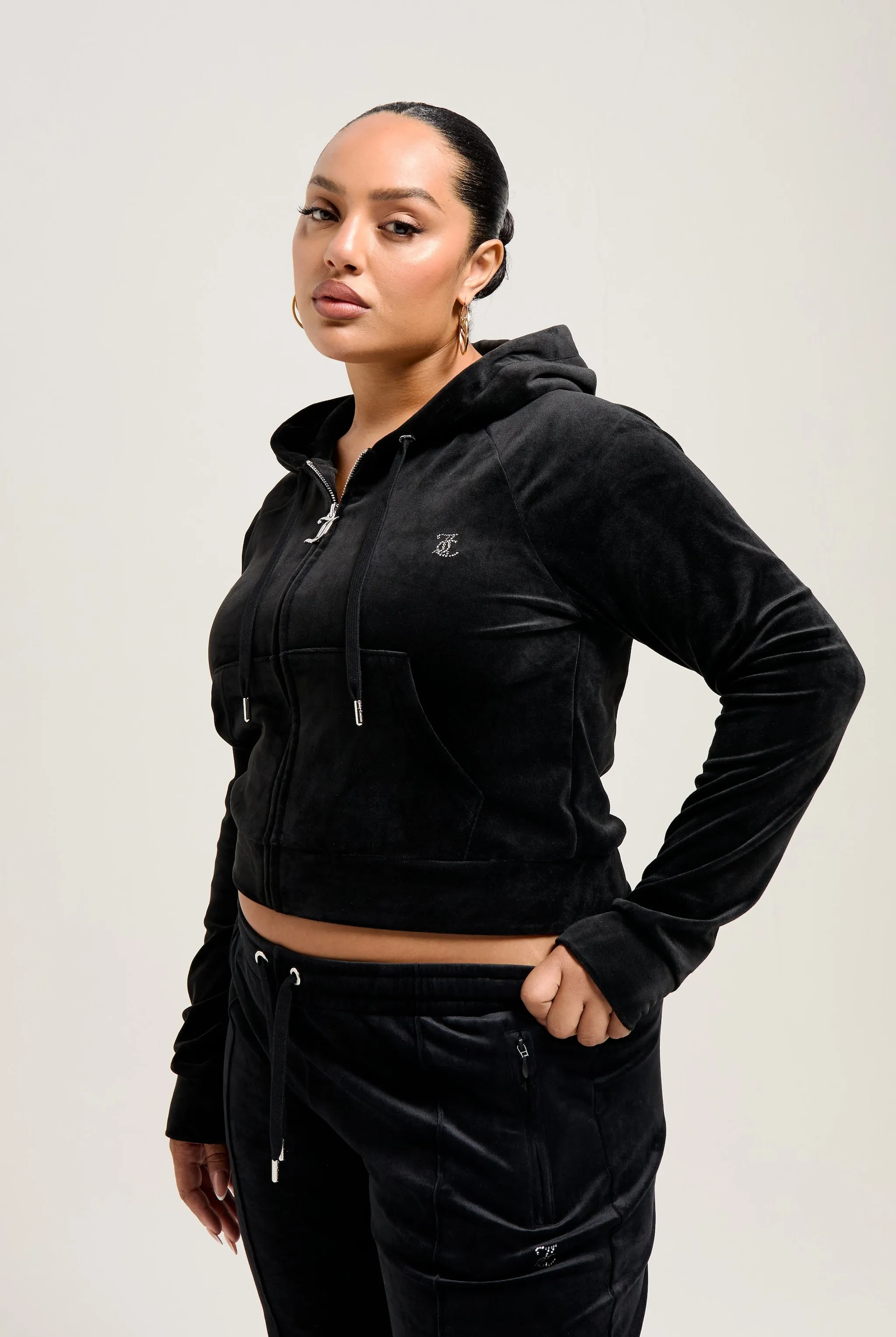 BLACK DIAMANTÉ VELOUR ZIP-THROUGH HOODIE