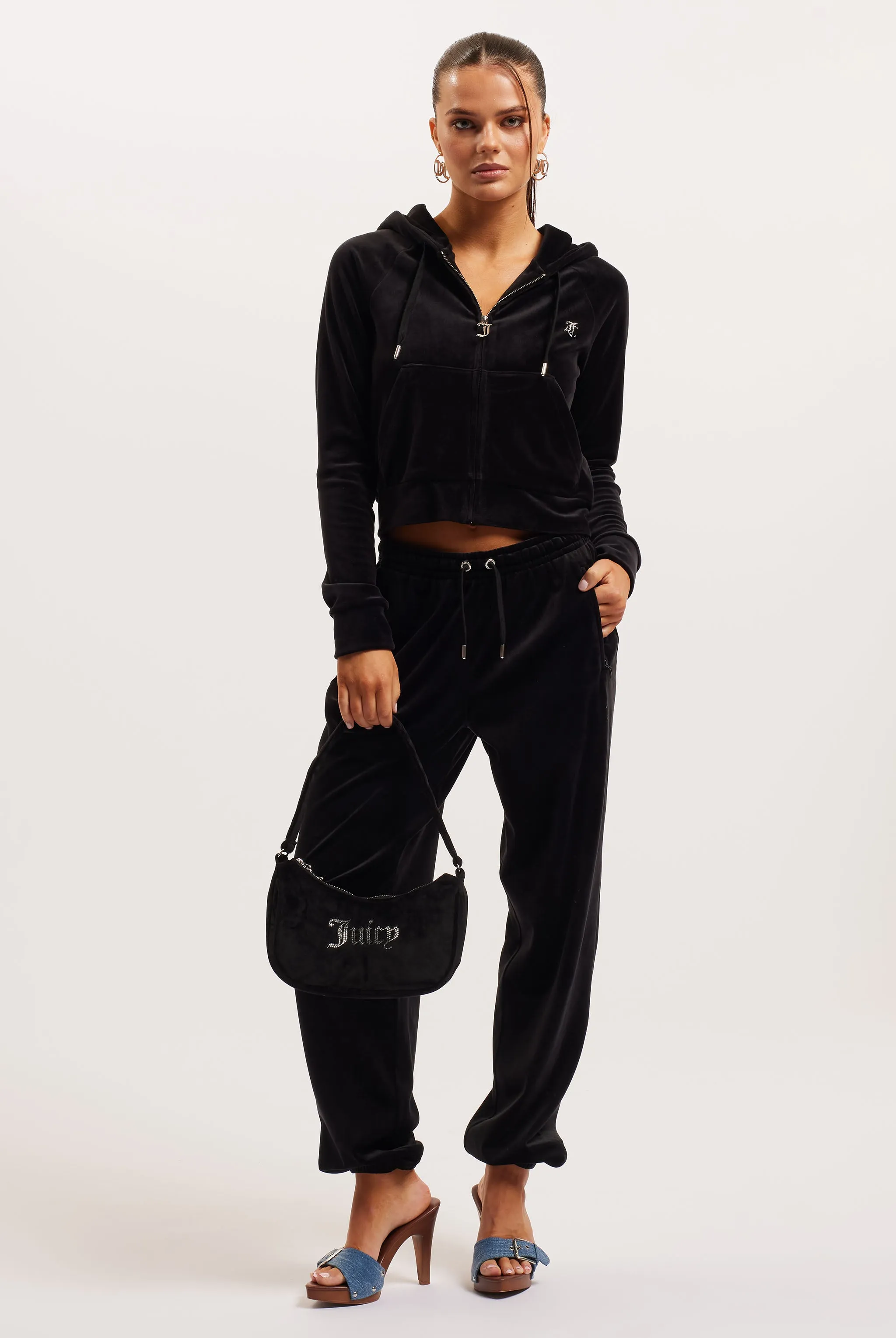 BLACK DIAMANTÉ VELOUR ZIP-THROUGH HOODIE