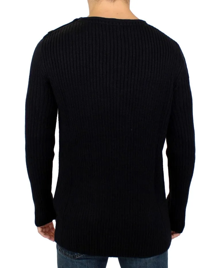 Black Knitted Wool Slim Fit Pullover Sweater