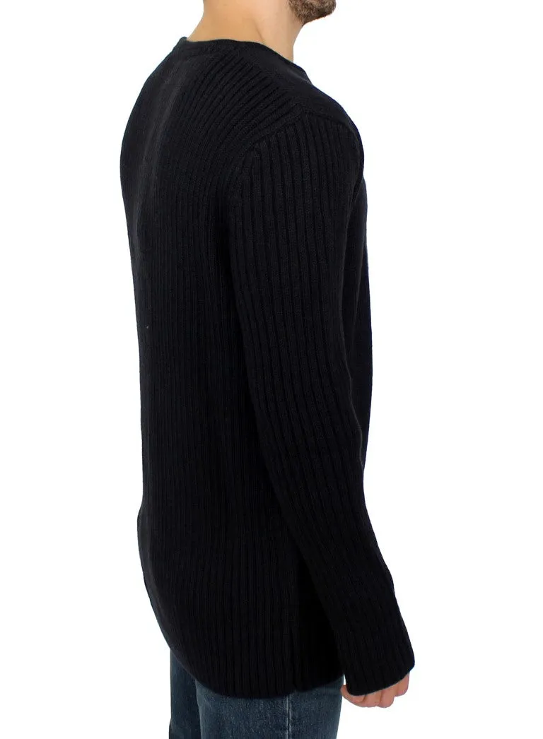 Black Knitted Wool Slim Fit Pullover Sweater