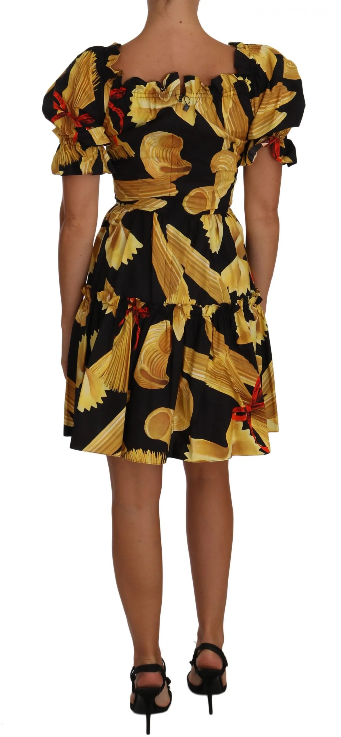 Black Off-the-Shoulder Pasta-Print Poplin Dress