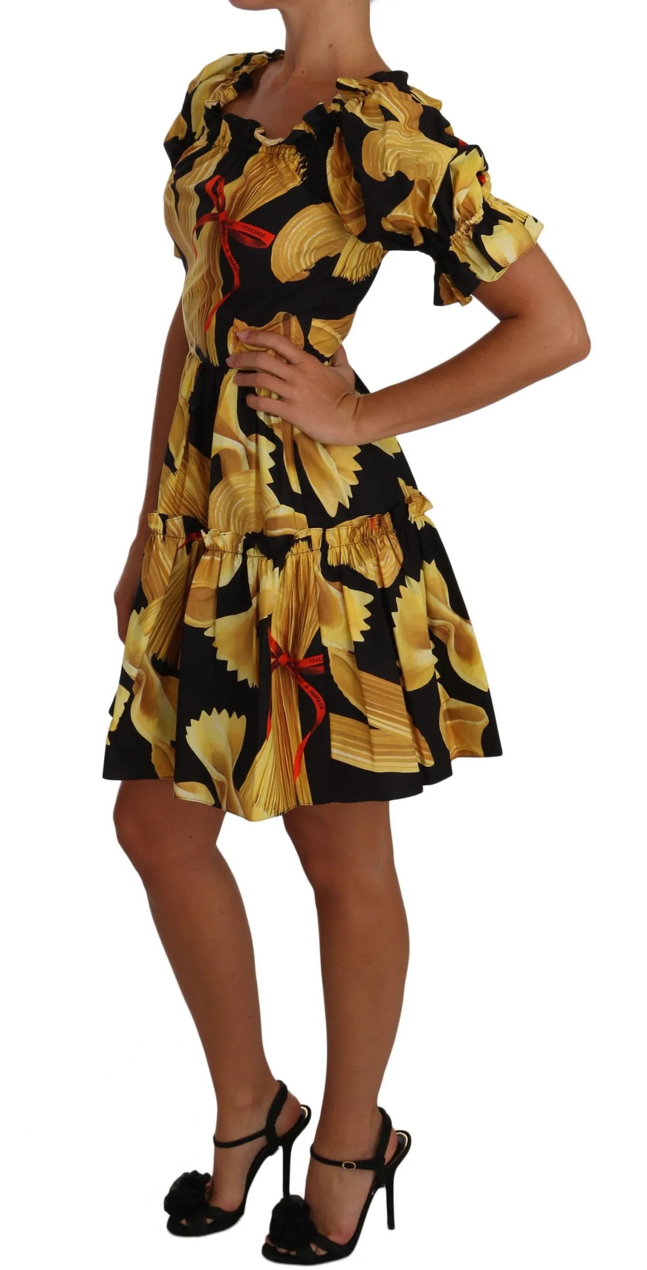 Black Off-the-Shoulder Pasta-Print Poplin Dress