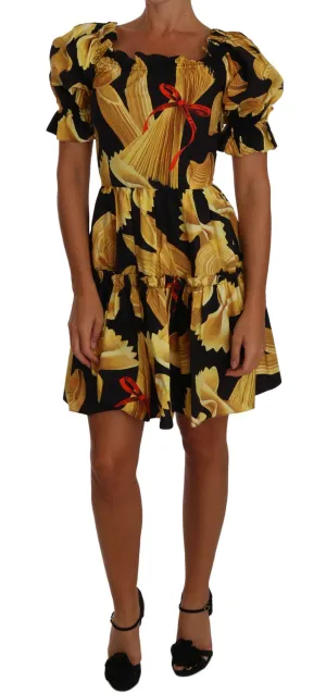 Black Off-the-Shoulder Pasta-Print Poplin Dress