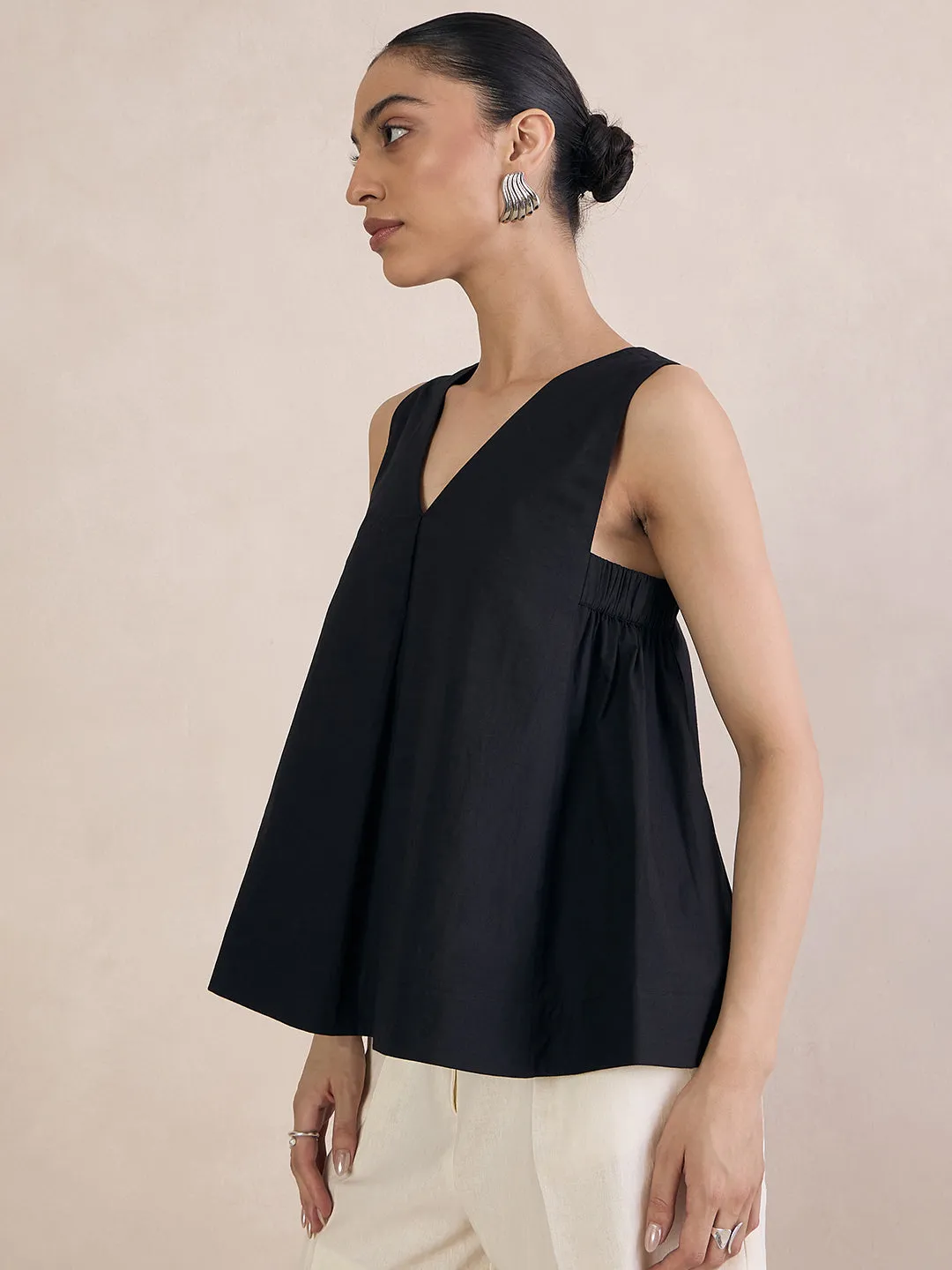 Black Poplin V-Neck Top