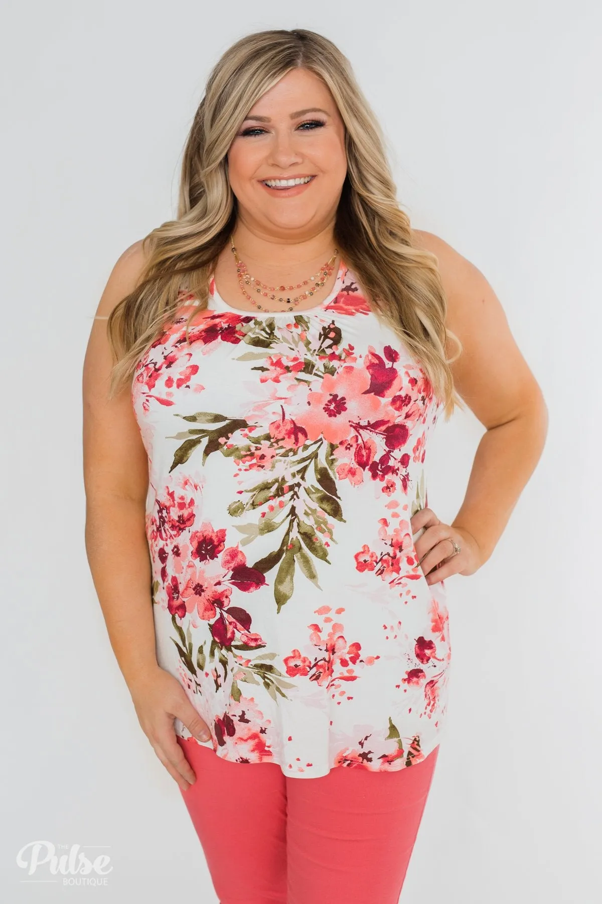 Blossom Into Love Floral Racerback Tank- Ivory