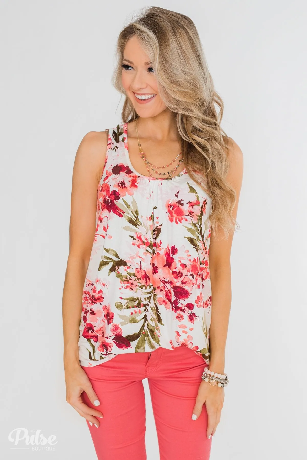 Blossom Into Love Floral Racerback Tank- Ivory