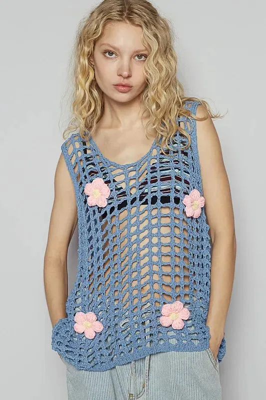 Blue Flower Crochet Sleeveless Knit Cover Up