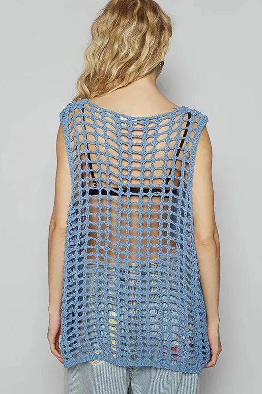 Blue Flower Crochet Sleeveless Knit Cover Up