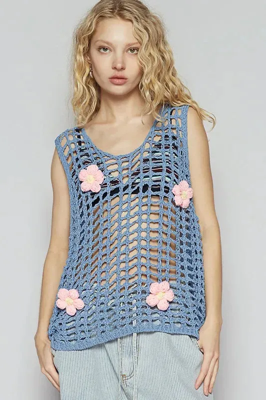 Blue Flower Crochet Sleeveless Knit Cover Up