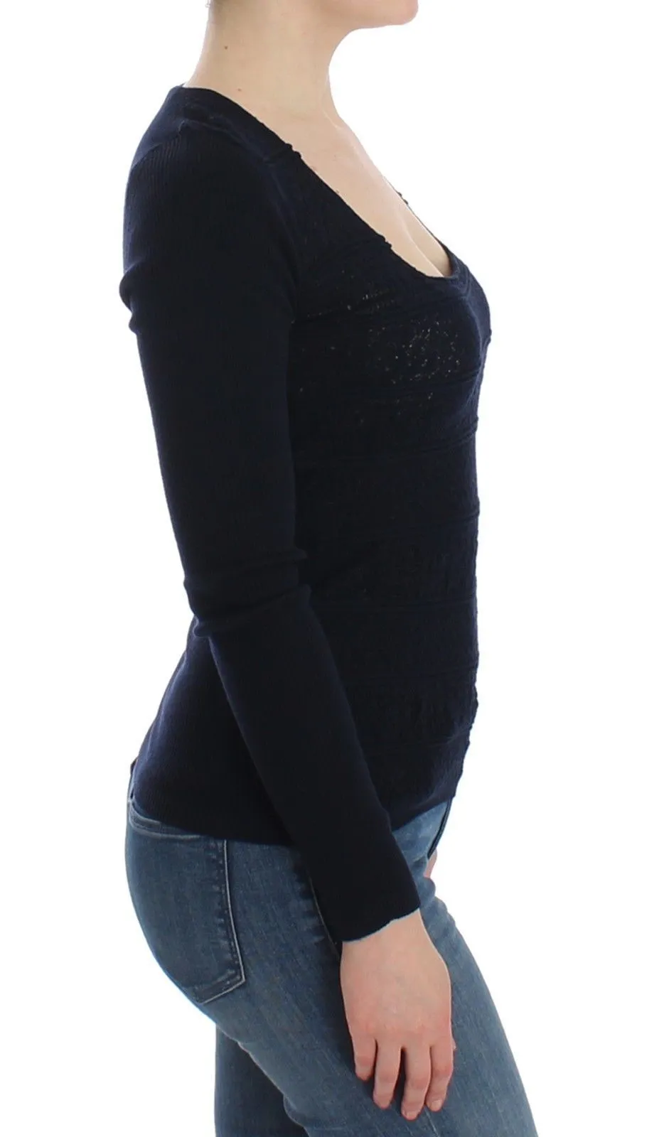 Blue Knitted Wool Stretch Sweater Top