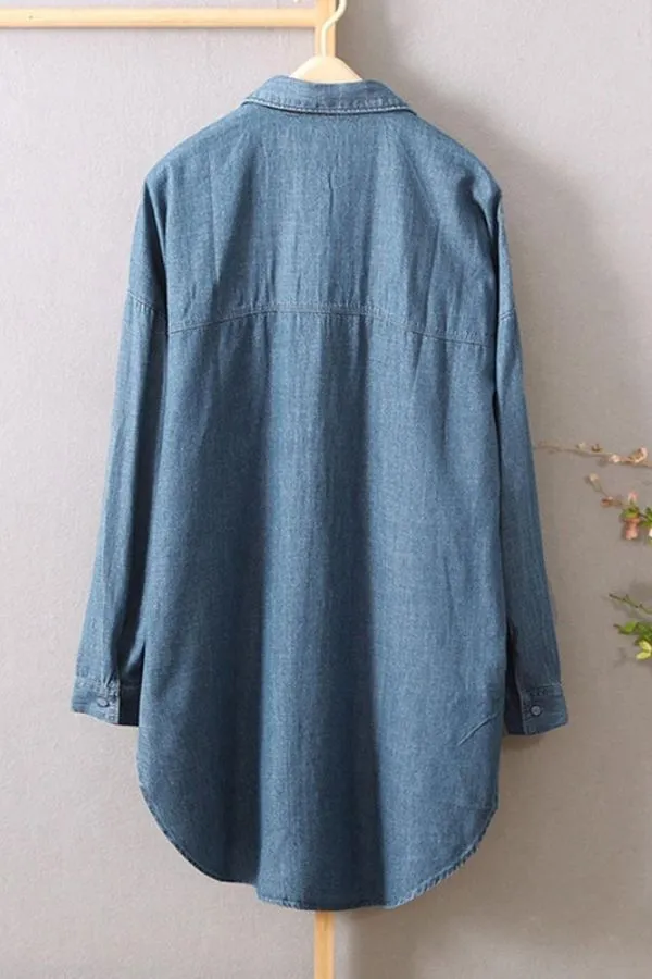 Blue Solid Color Cotton Blend Blouse