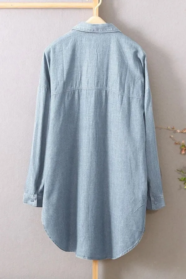 Blue Solid Color Cotton Blend Blouse