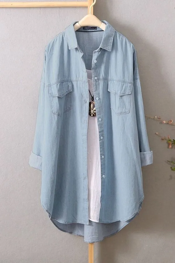 Blue Solid Color Cotton Blend Blouse