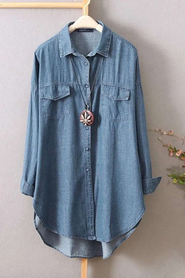 Blue Solid Color Cotton Blend Blouse