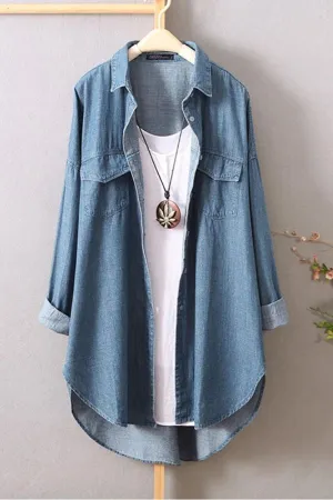 Blue Solid Color Cotton Blend Blouse