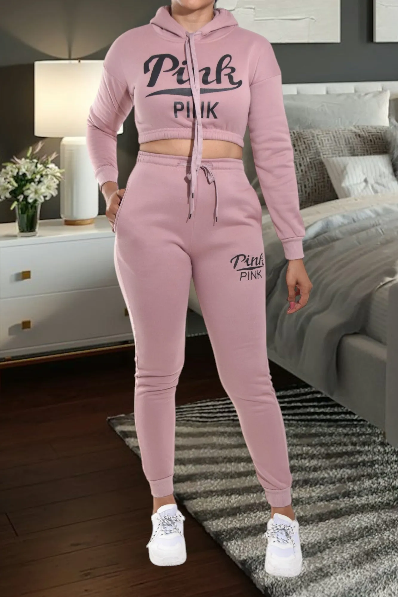 Blush Printed Crop Fleece Tracksuit Set