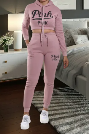 Blush Printed Crop Fleece Tracksuit Set