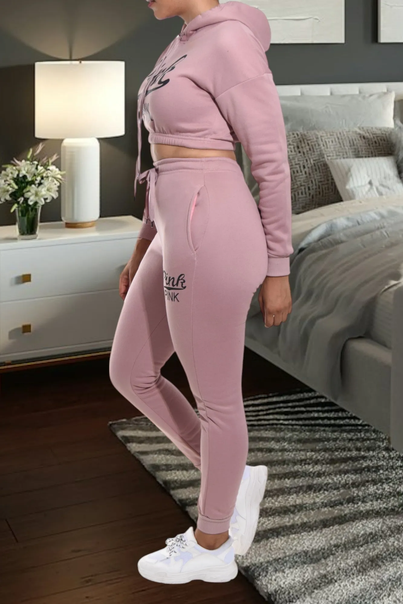 Blush Printed Crop Fleece Tracksuit Set