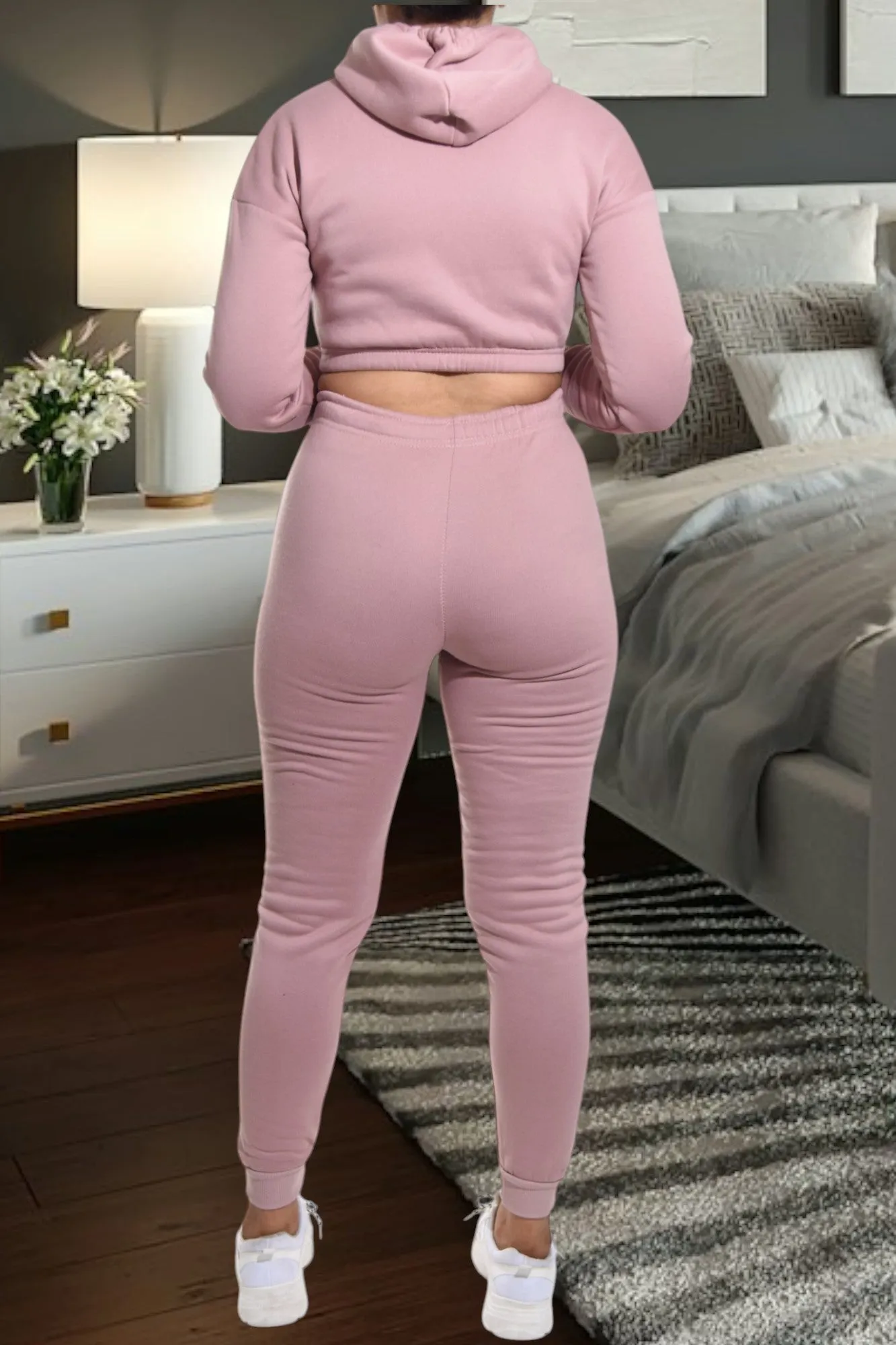 Blush Printed Crop Fleece Tracksuit Set