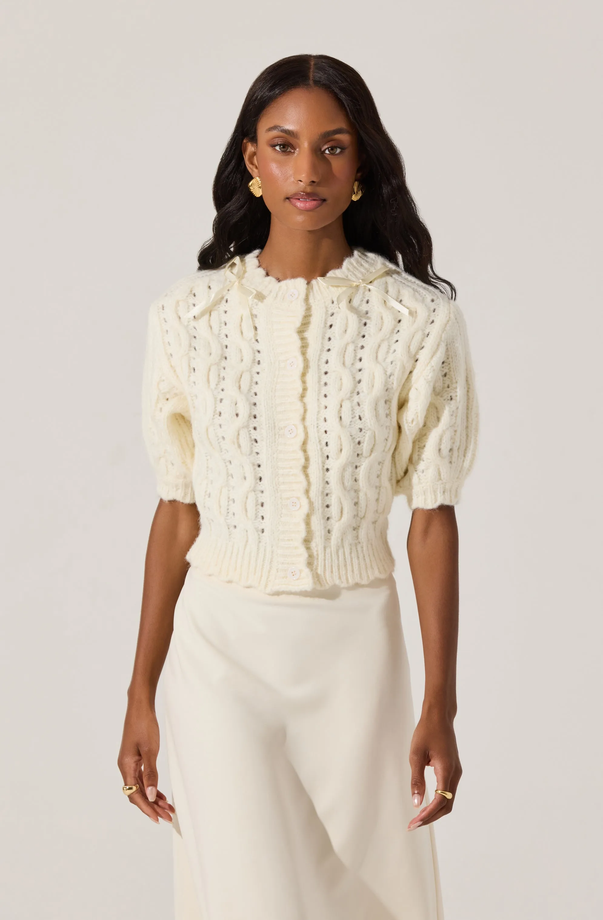 Bow Detail Cable Knit Cardigan