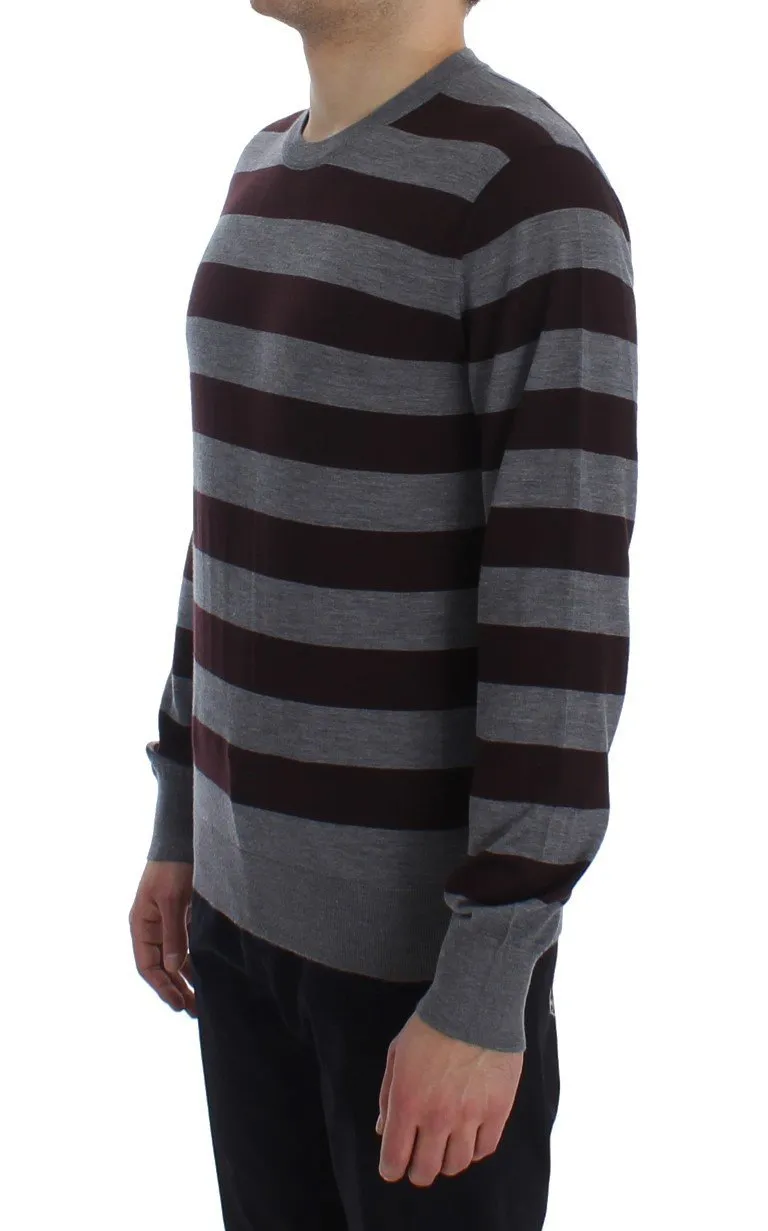 Brown Gray Striped Cashmere Pullover Sweater