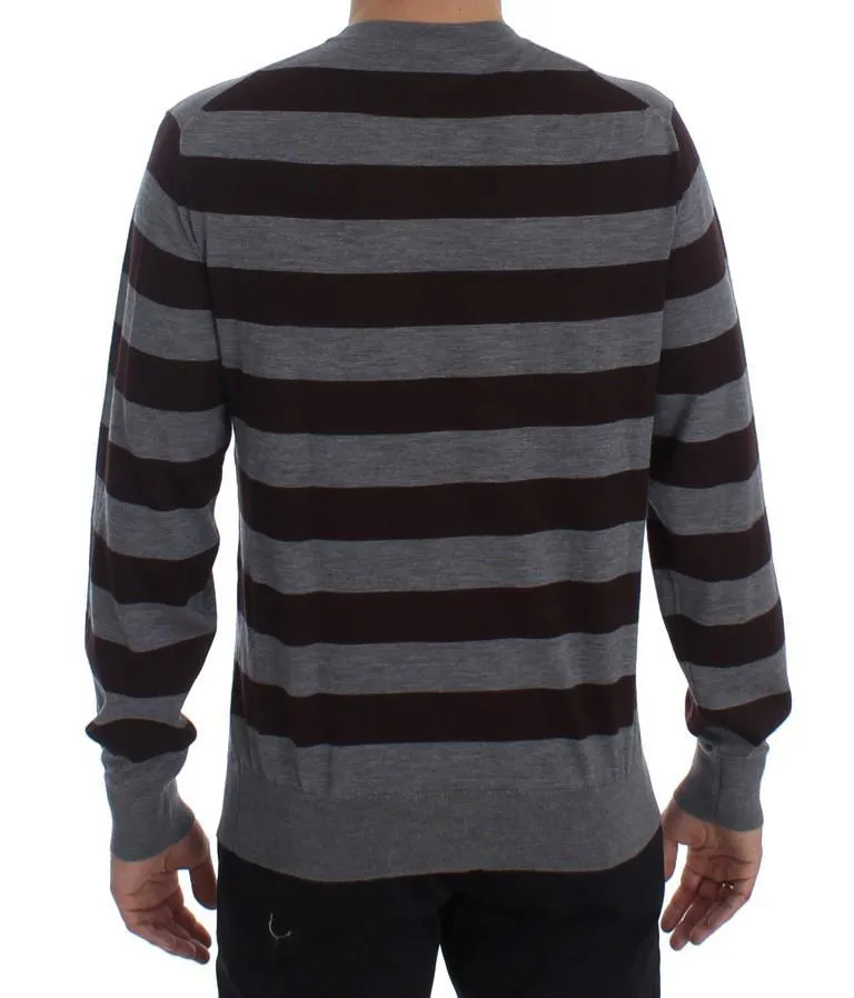 Brown Gray Striped Cashmere Pullover Sweater