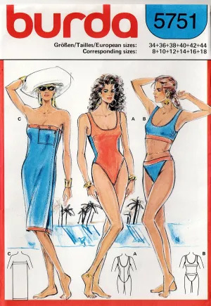 Burda 5751 Womens Stretch Swimsuits & Wrap Cover Up 1980s Vintage Sewing Pattern Sizes 8 - 18 UNCUT Factory Folded