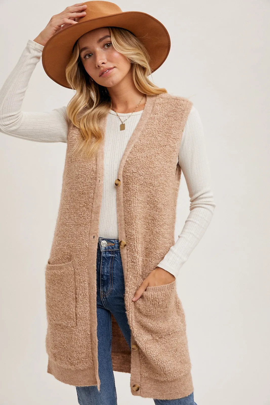BUTTON DOWN V-NECK TEDDY KNIT VEST