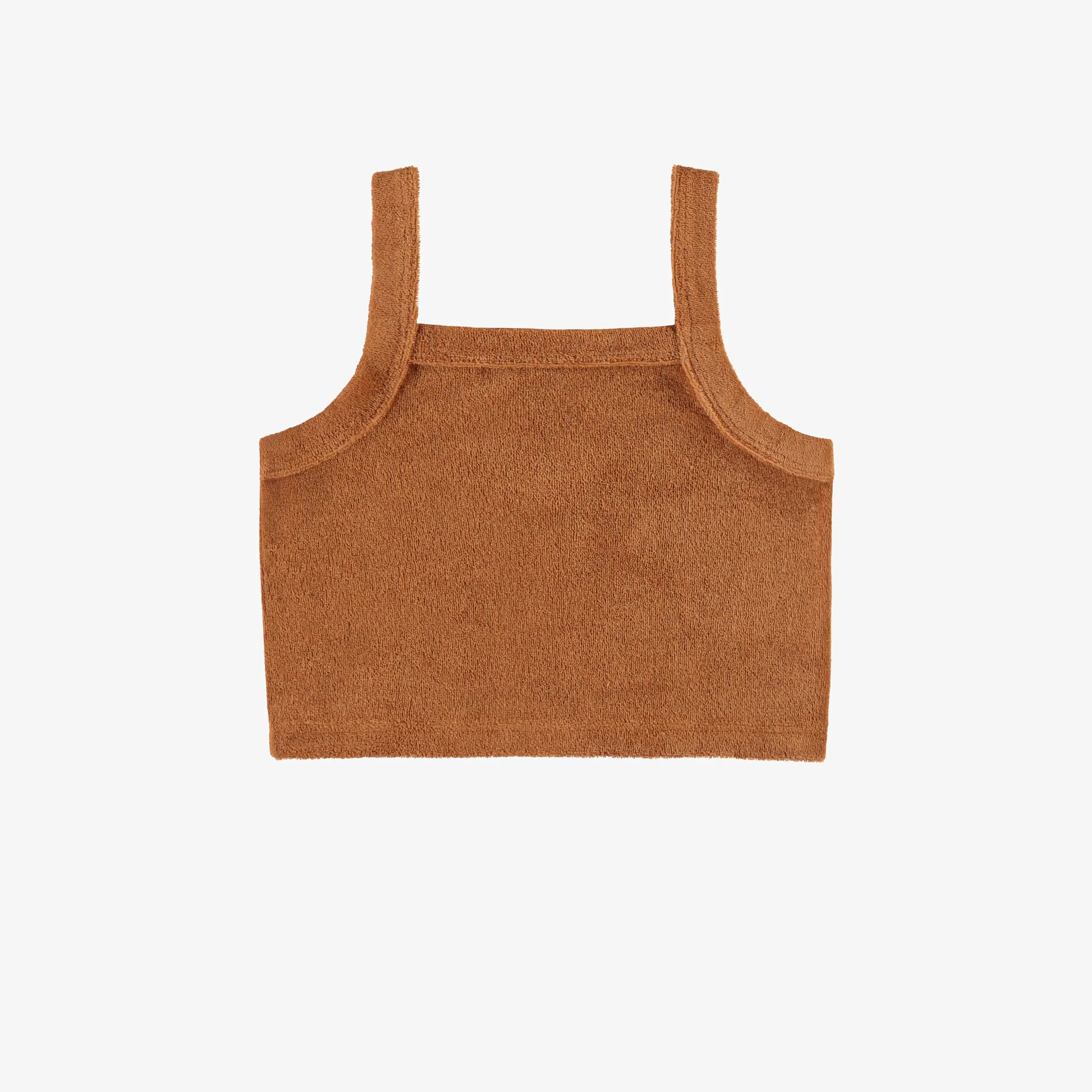 Camisole caramel courte avec col carré en ratine, enfant || Caramel tank top with a square neck in terry, child