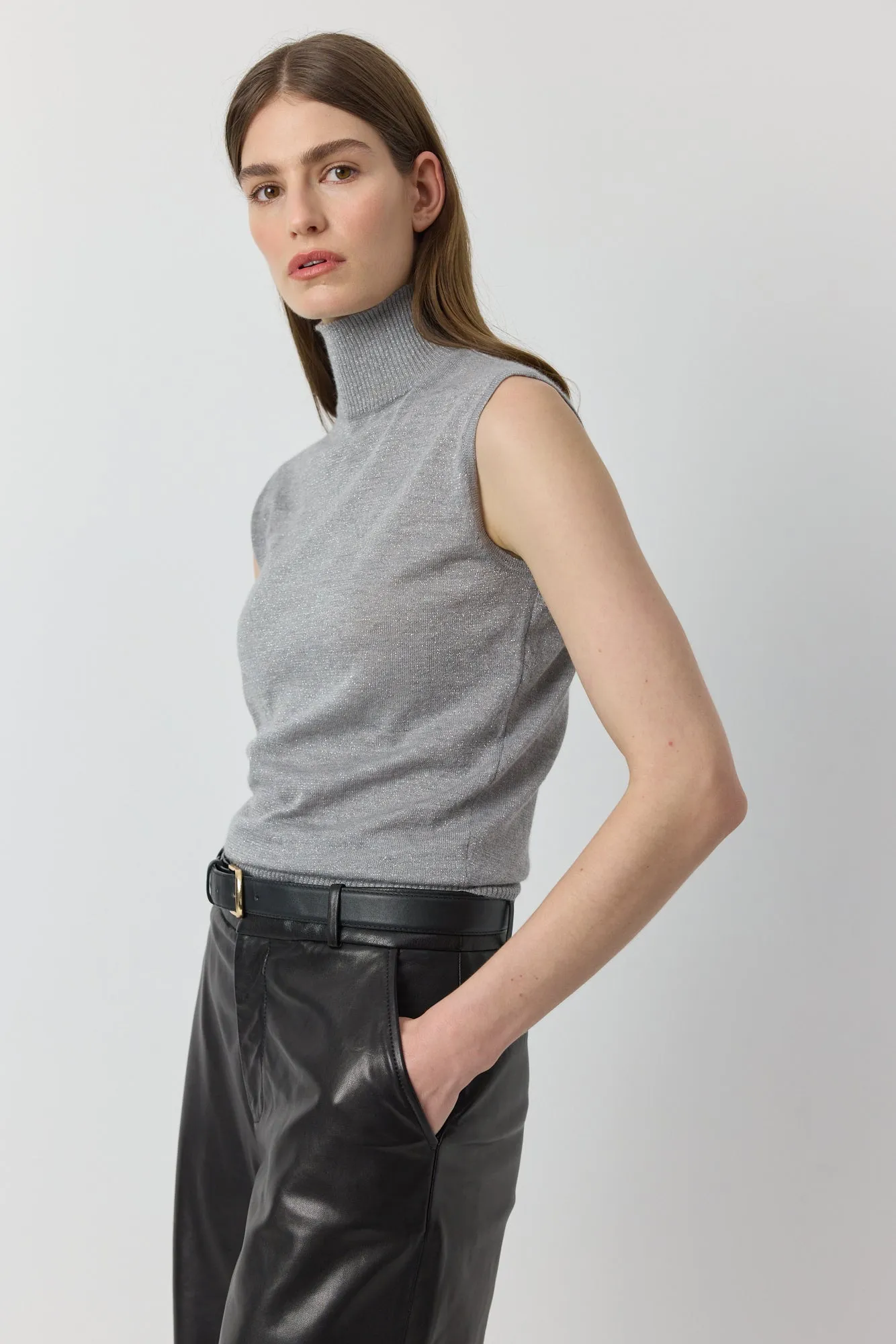 Cashmere Lurex Mock Neck Tank - Grey Melange/Silver