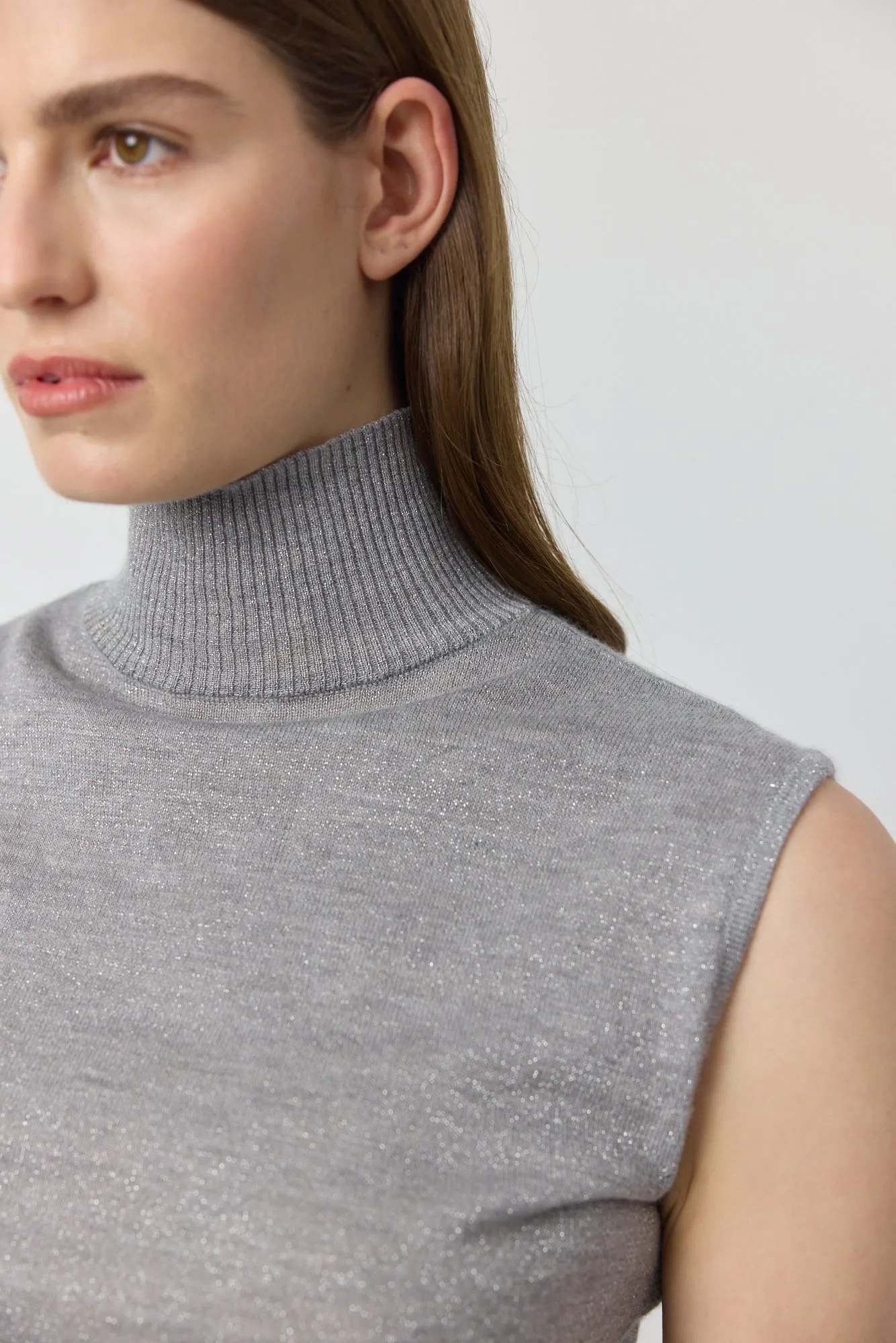 Cashmere Lurex Mock Neck Tank - Grey Melange/Silver
