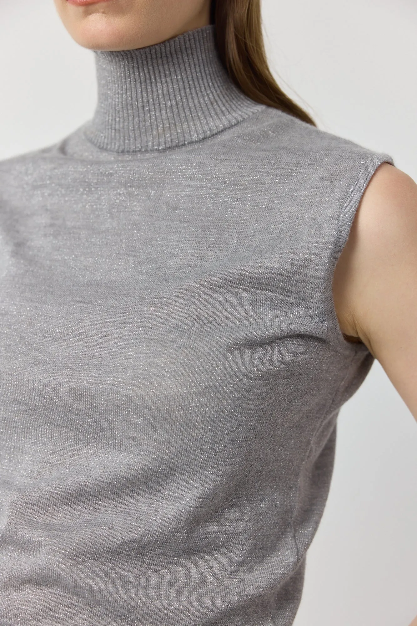 Cashmere Lurex Mock Neck Tank - Grey Melange/Silver